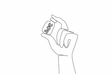 Single continuous line drawing hand holding a vaccine bottle and inside there is a DNA symbol. Researchers conducted genetic checks. Research. National DNA Day. One line design vector illustration