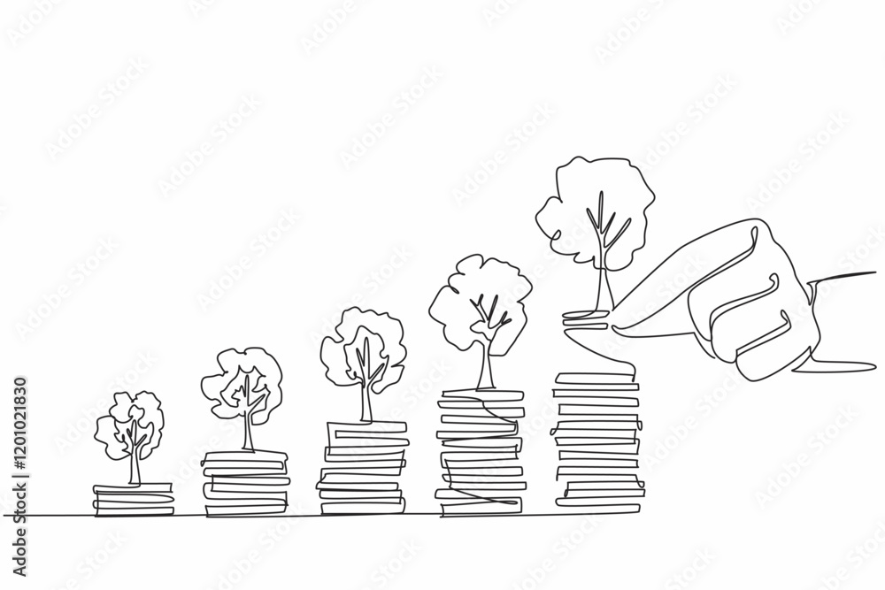 Poster continuous one line drawing 5 stacks of coins with a tree on top. the more investment, the more prof