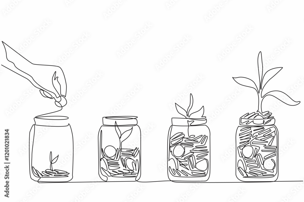 Poster single one line drawing hand inserts a coin into a jar containing a pile of coins and a tree. invest