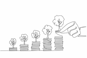 Continuous one line drawing 5 stacks of coins with a tree on top. The more investment, the more profit. Financial planner. National Financial Awareness Day. Single line draw design vector illustration