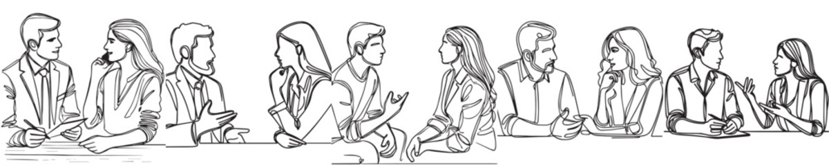 vector group of men and women talking in a continuous line style