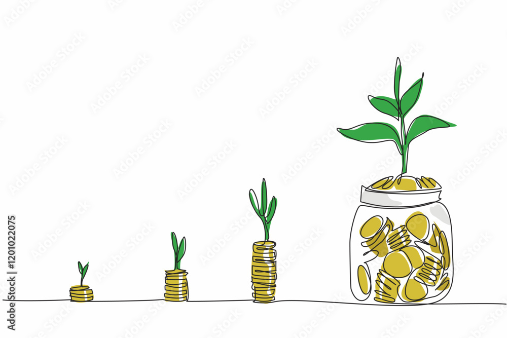 Poster single one line drawing hand inserts a coin into a jar containing a pile of coins and a tree. invest