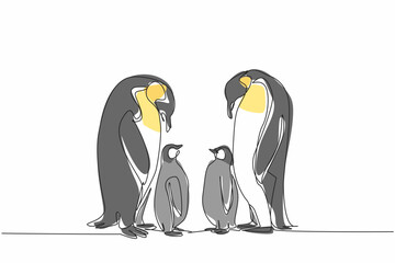 Obraz premium Single continuous line drawing two adult penguins standing facing each other and two chicks. The discussion of the emperors. Summer migration. World Penguin Day. One line design vector illustration