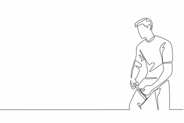 Single continuous line drawing the man uses a measuring tape to measure his thighs around his thighs. Measuring muscle mass in the thigh. Love Your Thighs Day. One line design vector illustration