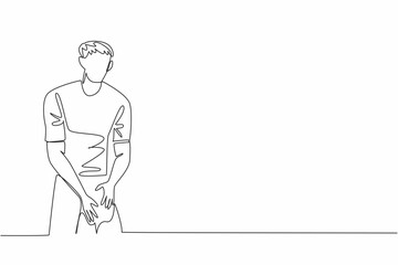Single one line drawing a man holds his thighs with both hands. Lack of stretching leads to injury. Stiff muscles. Minor injury. Love Your Thighs Day. Continuous line design graphic illustration