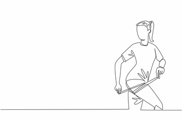 Single continuous line drawing a woman shaves her thighs with a measuring tape wrapped around her thighs. Exercises to tone thigh muscles. Love Your Thighs Day. One line design vector illustration
