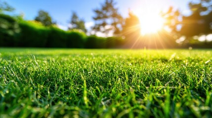 Naklejka premium Sunlit Lawns at Golden Hour A sunlit lawn bathed in the warm golden light of sunrise, with long shadows stretching across the grass, creating a peaceful and serene atmosphere.