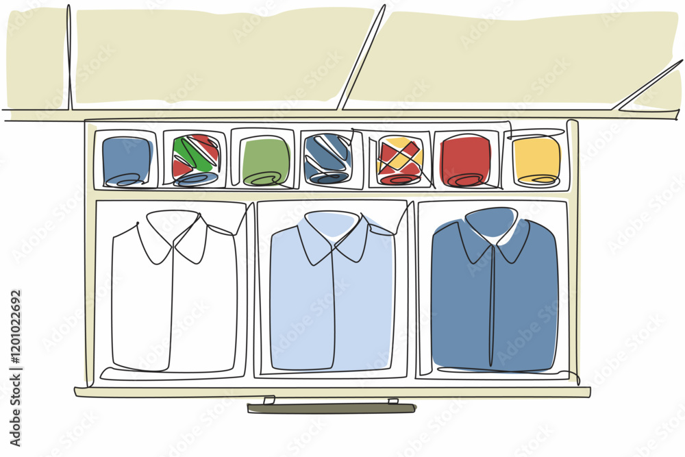 Poster single one line drawing wardrobe drawer opened and inside there are shirts and ties in various color