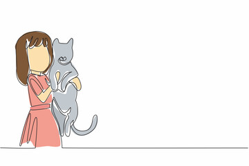 Single one line drawing girl holding her beloved striped cat in both hands. Super adorable funny behavior. Long time friends. National Kids and Pets Day. Continuous line design graphic illustration