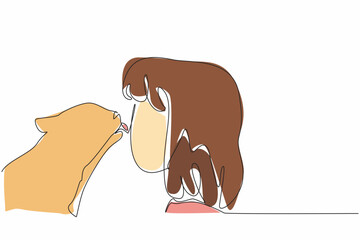 Continuous one line drawing cat licking girls nose. A gesture of gratitude from animals to humans. Communication without words. National Kids and Pets Day. Single line draw design vector illustration