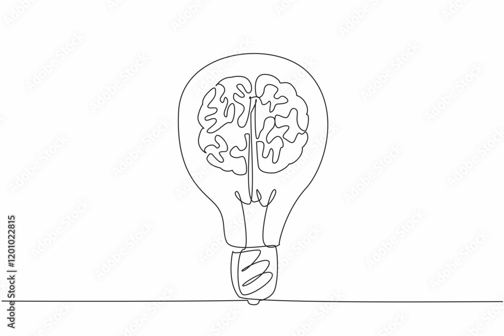 Poster single continuous line drawing the light bulb with a brain symbol in it. brilliance of thinking prod