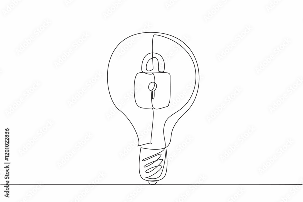 Wall mural Continuous one line drawing a light bulb with a padlock inside. The brilliance of an idea that no one else can claim. World Intellectual Property Day. Single line draw design vector illustration