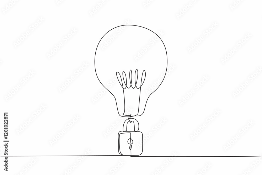 Poster single continuous line drawing a light bulb with a padlock at the bottom. register the brilliant ide