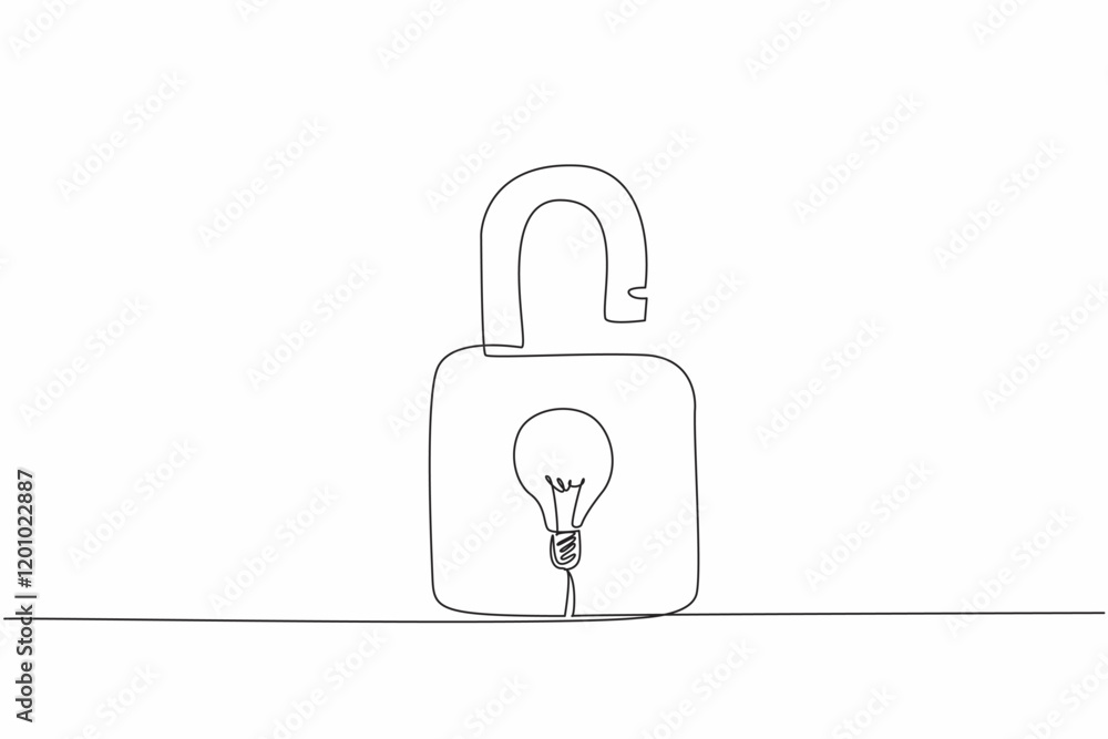 Poster continuous one line drawing a padlock with a light bulb in the middle. works originating from ideas 