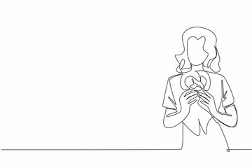 Single one line drawing a woman in casual clothes holding a pretzel. Want to enjoy a classic snack. Three knot cake. Sweet. Tasty. National Pretzel Day. Continuous line design graphic illustration