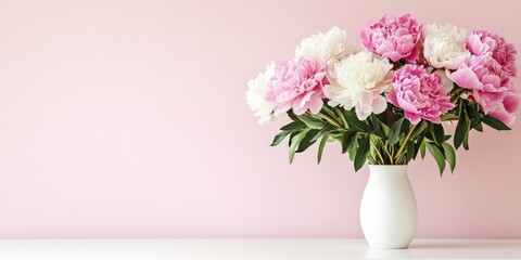 Fototapeta premium Fresh pink and white peonies in a white vase on a light table against a soft pink background with ample copy space on the right side.