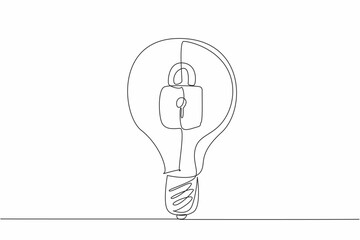 Continuous one line drawing a light bulb with a padlock inside. The brilliance of an idea that no one else can claim. World Intellectual Property Day. Single line draw design vector illustration
