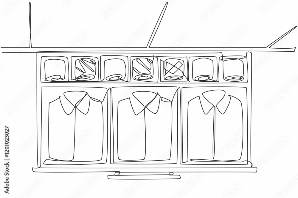 Poster single one line drawing wardrobe drawer opened and inside there are shirts and ties in various color