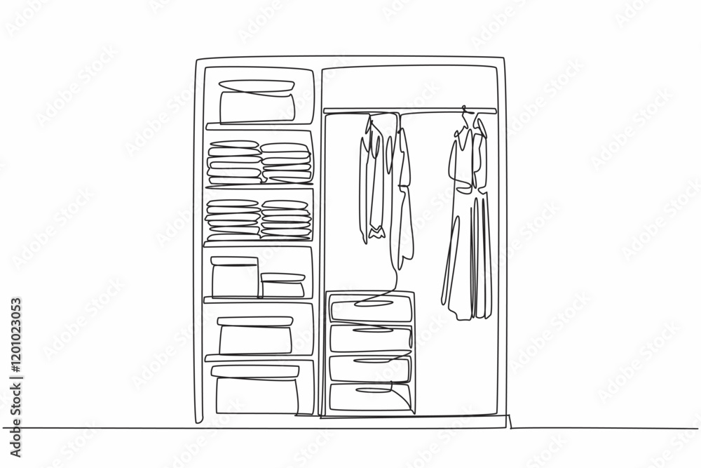 Poster continuous one line drawing wardrobe with several compartments containing piles of clothes and boxes