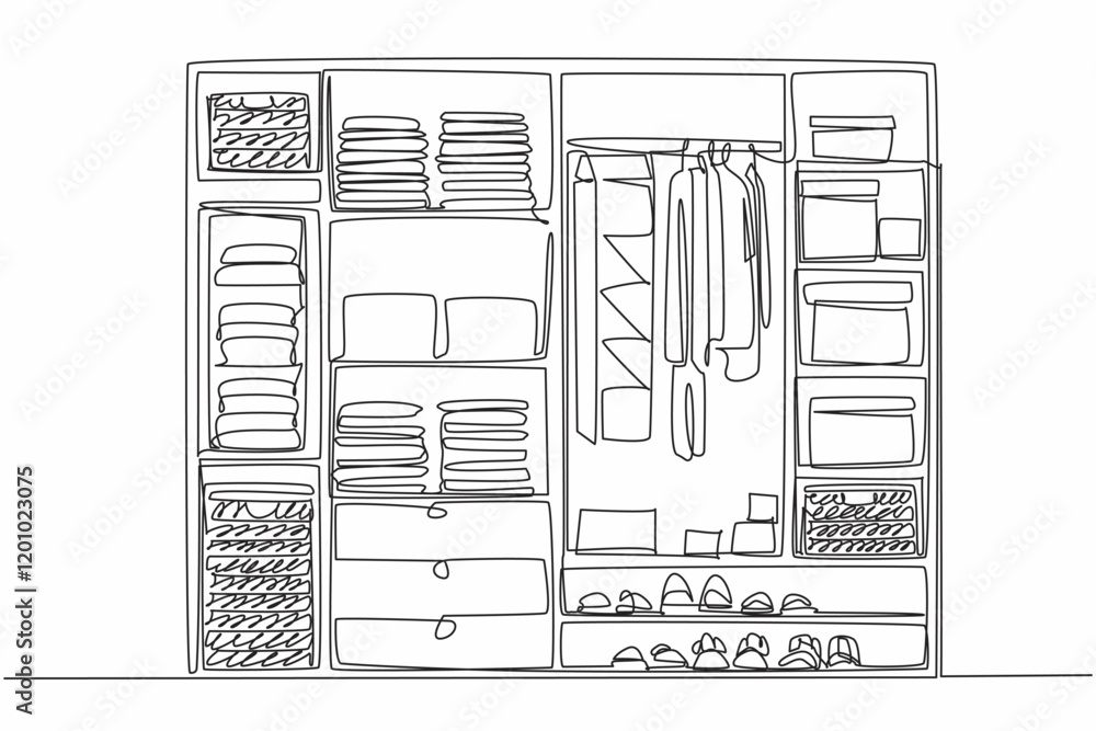 Poster single continuous line drawing wardrobe with several compartments containing boxes made of woven rat
