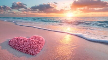 A fantastical beach glowing with heart-shaped coral and pastel pink sands