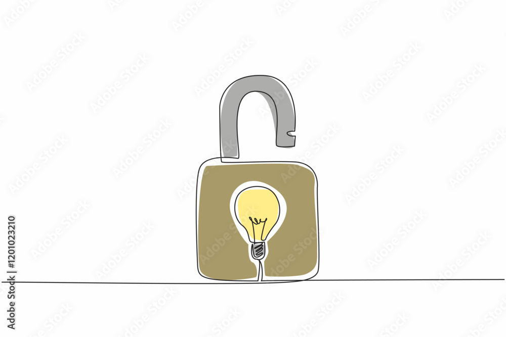 Poster continuous one line drawing a padlock with a light bulb in the middle. works originating from ideas 