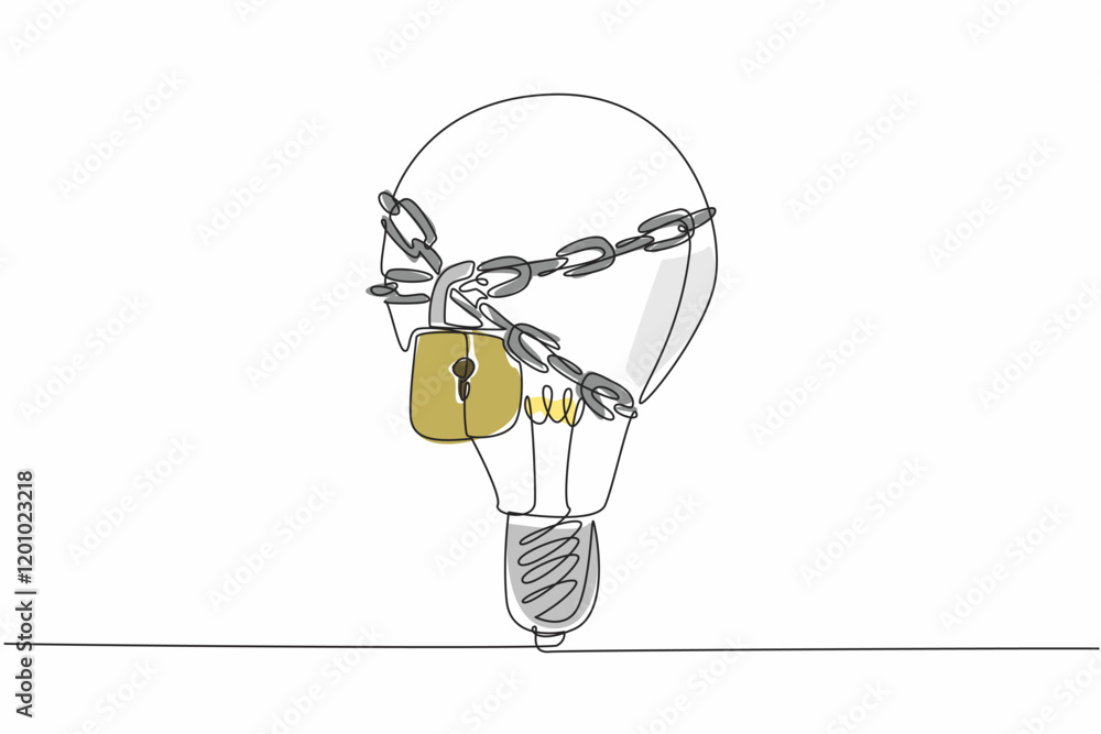 Poster single one line drawing the outer light bulb is chained around bulb and locked. limited ideas and in