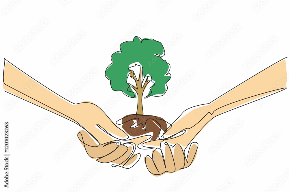 Poster continuous one line drawing hands stacked on top of each other to support a tree with a mound of ear