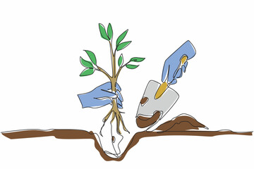 Single continuous line drawing hand holding shovel and small tree. Planting trees greens the earth. Spreads oxygen levels. Comfortable earth. National Arbor Day. One line design vector illustration © Simple Line
