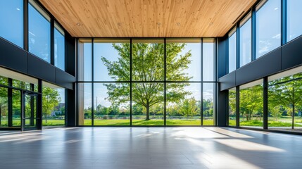 Obraz premium Modern Classroom with Desks and Chairs A modern classroom with large windows offering natural light and views of greenery, creating a calming and inspiring learning environment.