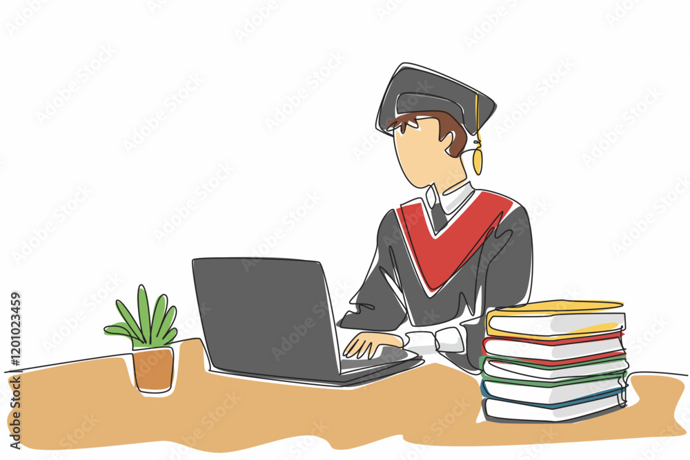 Aufkleber single continuous line drawing a man wearing a graduation gown complete with a hat. the spirit of wo