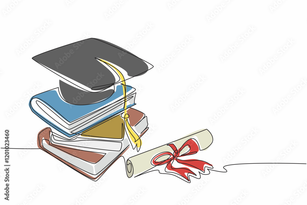 Poster continuous one line drawing some books stacked and on top of them is a graduation hat. graduation sy