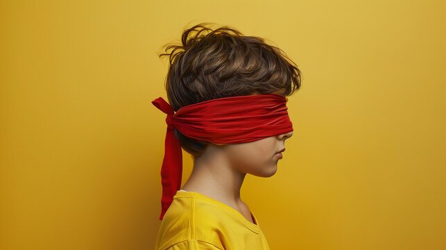 Side profile of a boy wearing a red blindfold against a yellow background