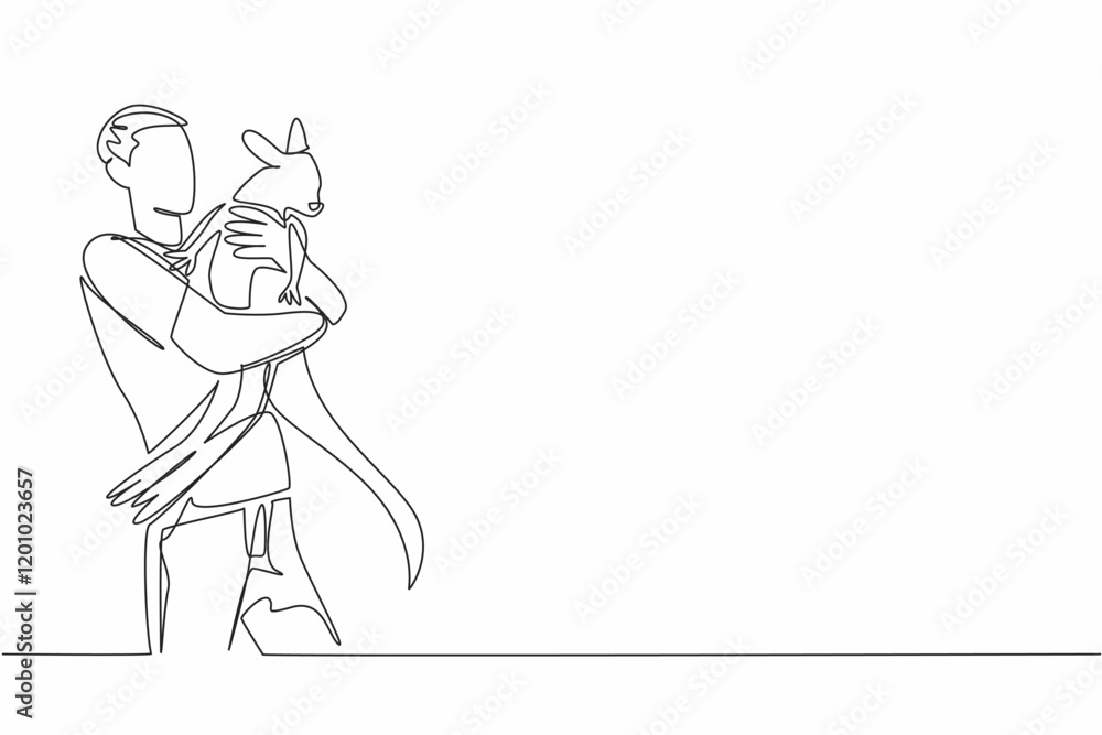 Poster single continuous line drawing man hugging kangaroo. cared for since they were small, it is time to 