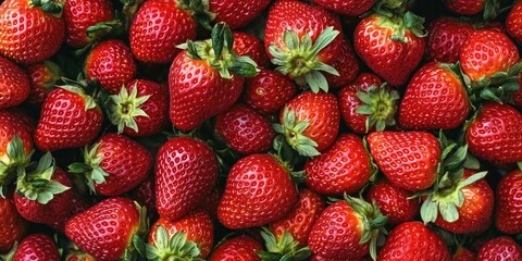 Fresh ripe strawberries scattered across a dark surface showcasing their vibrant red color and green leaves creating a rich visual texture.