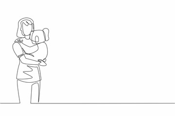 Single continuous line drawing a woman in casual clothes hugging a koala. Animals that have cute and adorable looks. Sleeping on a treetop. Hug an Australian Day. One line design vector illustration