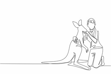 Single one line drawing a woman is crouching and hugging kangaroo. Female tourist takes the opportunity to hug a kangaroo. Activity. Hug an Australian Day. Continuous line design graphic illustration