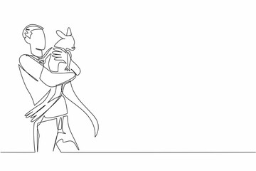 Single continuous line drawing man hugging kangaroo. Cared for since they were small, it is time to release them into their natural habitat. Hug an Australian Day. One line design vector illustration