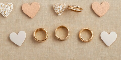 Obraz premium Elegant gold wedding rings arranged in a flat lay with heart-shaped pins in soft peach and ivory tones on a textured beige background.