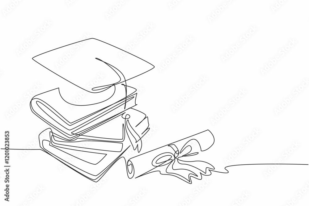Poster continuous one line drawing some books stacked and on top of them is a graduation hat. graduation sy