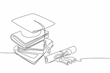 Continuous one line drawing some books stacked and on top of them is a graduation hat. Graduation symbol. Learning intelligence. National Dissertation Day. Single line draw design vector illustration