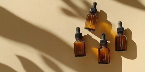 Amber glass dropper bottles arranged on a beige background with soft shadows cast, top view composition featuring ample blank space for text.