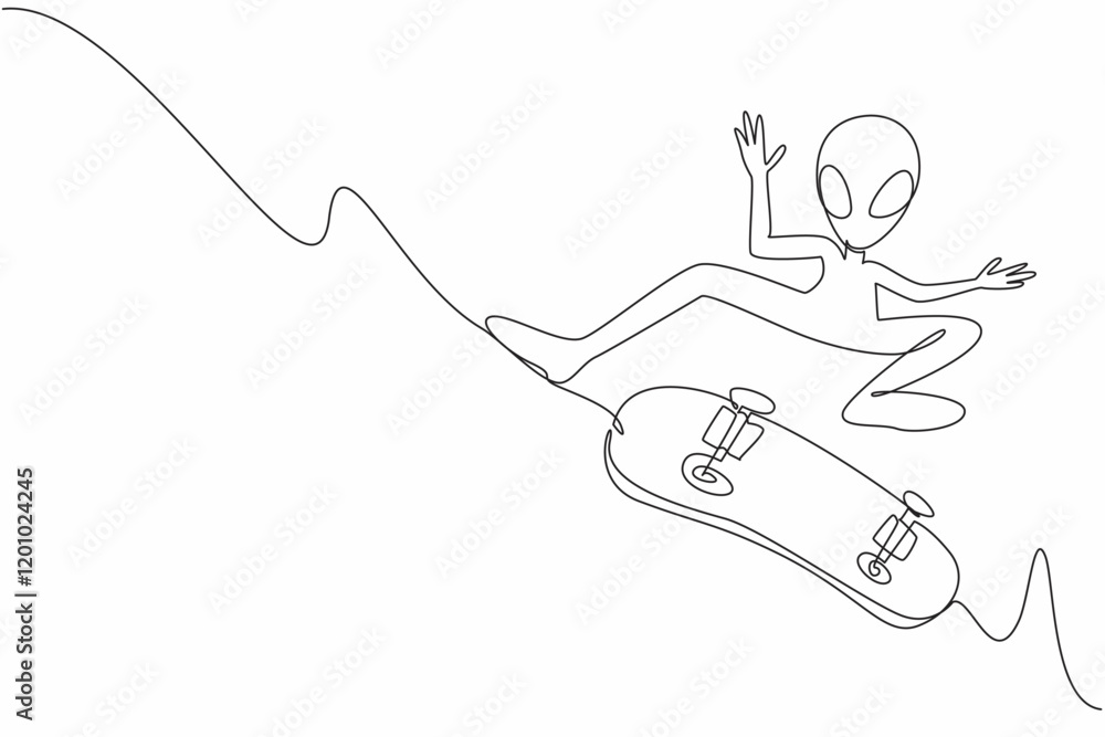 Poster single continuous line drawing alien is playing skateboard with pose jump and perform tricks. likes 