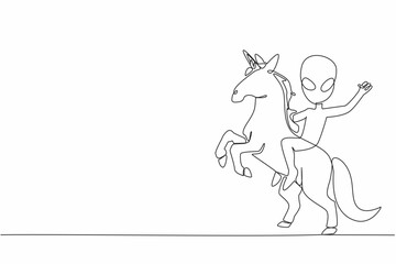 Single one line drawing alien riding a unicorn. Aliens really enjoy making friends with unicorns. Friendship in space. Mystery story. Cute. Myth. Alien Day. Continuous line design graphic illustration