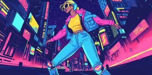 Stylish Woman Strolling Through Vibrant Neon Cityscape
