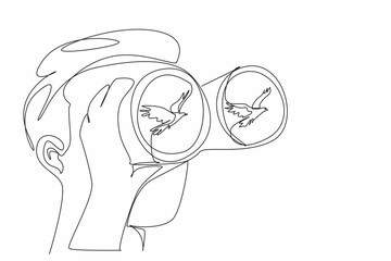 Single one line drawing a man holds binoculars with one of hands and watches an eagle fly. Observing how to prey on prey animals. National Go Birding Day. Continuous line design graphic illustration