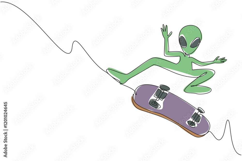 Poster single continuous line drawing alien is playing skateboard with pose jump and perform tricks. likes 