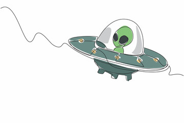 Single continuous line drawing alien riding a ufo. Flying saucer. Long and tiring journey in space. Preparing to invade. Need a place to stop. Fantasy. Alien Day. One line design vector illustration