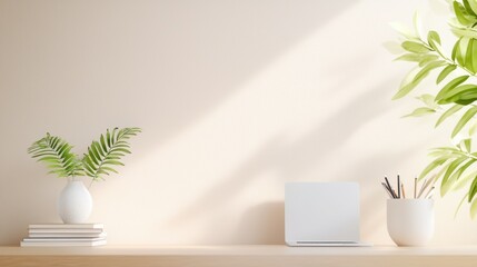 Modern Minimalist Beige Room Home office setup in a minimalist beige room with a neutral toned desk, ergonomic chair, and minimal decor.