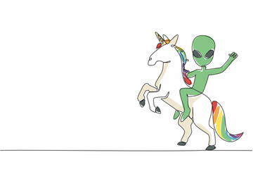 Single one line drawing alien riding a unicorn. Aliens really enjoy making friends with unicorns. Friendship in space. Mystery story. Cute. Myth. Alien Day. Continuous line design graphic illustration